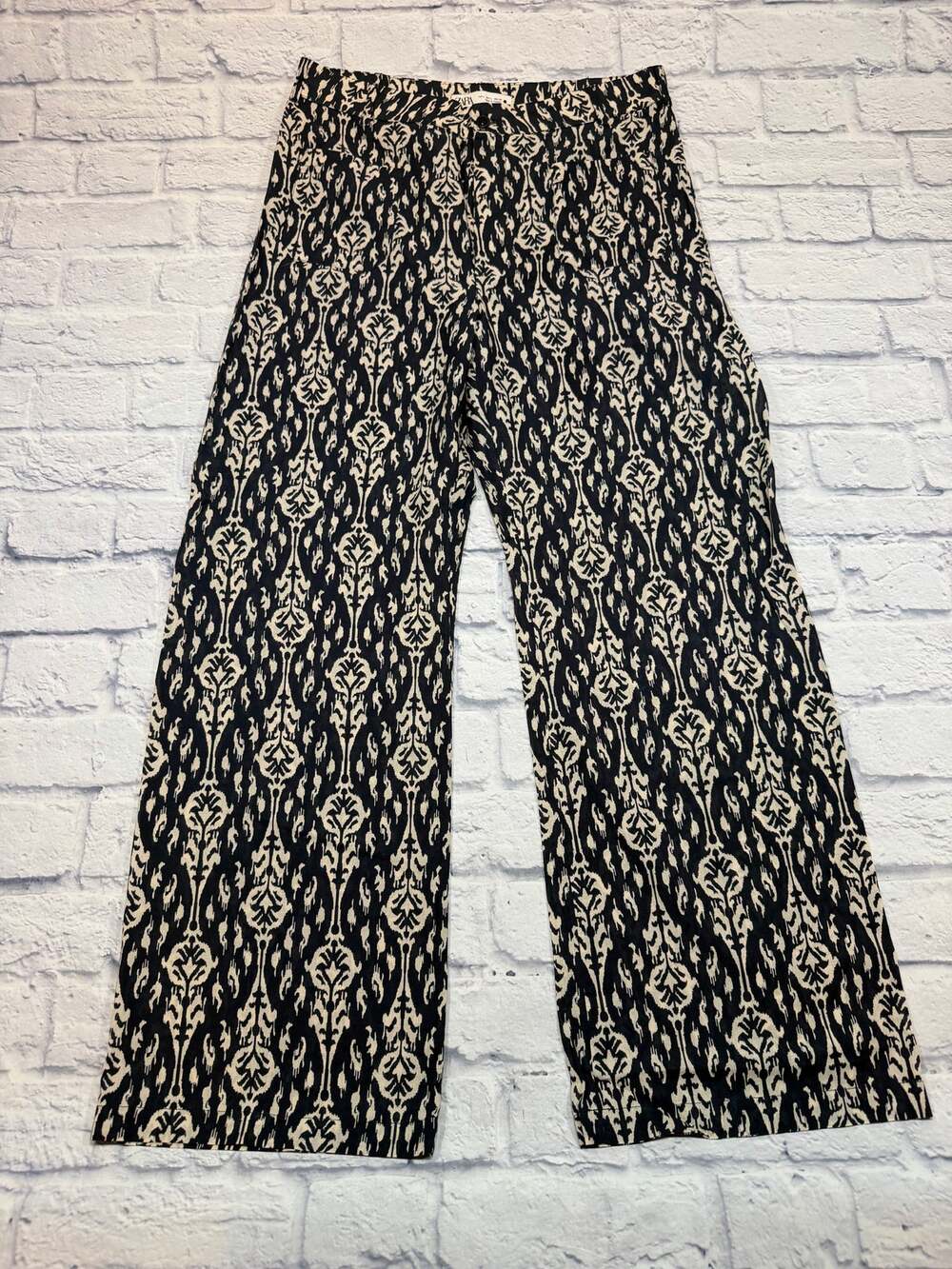 Zara Wide Leg Palazzo Pants Navy Blue Ikat Print Boho Mid Rise Button Fly L A577